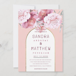 Ländlich-schicke mint pastellrosa goldene Blumenho Einladung