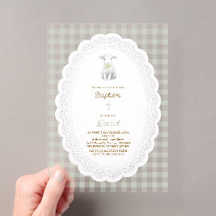 ländlich süßes Lamm Salbei grün Gingham Taufe Acryleinladungen
