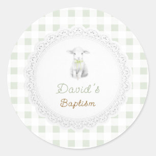 ländlich süßes Lamm Salbei Grün Gingham Taufe Runder Aufkleber