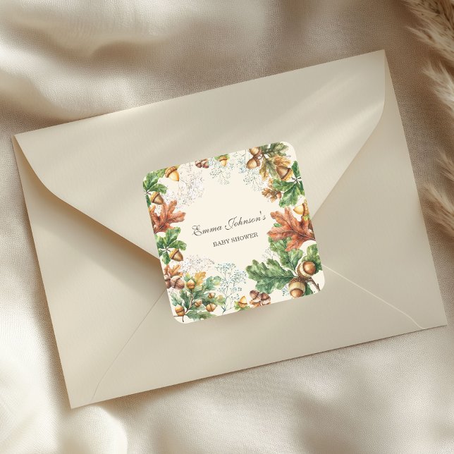 Ländliche Baby Shower im Herbstwald Quadratischer Aufkleber (Von Creator hochgeladen)