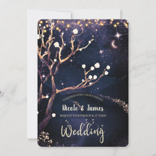 Ländliche Baum Abendlichter Lila Hochzeit Einladung