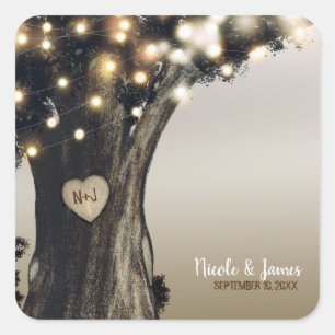 Ländliche Baum- und Lichter Hochzeit Scheune Moder Quadratischer Aufkleber