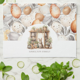 Ländliche Beige-Osterhasen-Familienname Geschirrtuch