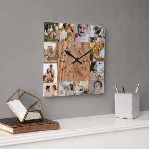 Ländliche benutzerdefinierte Fotocollage Familie Quadratische Wanduhr