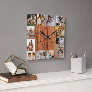 Ländliche benutzerdefinierte Fotocollage Familie Quadratische Wanduhr