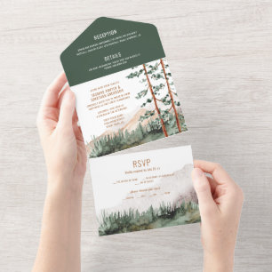 Ländliche Bergkiefern Nebel Hochzeit All In One Einladung