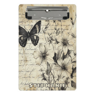 Ländliche Blumen und Schmetterling - gealtertes Pa Mini Klemmbrett