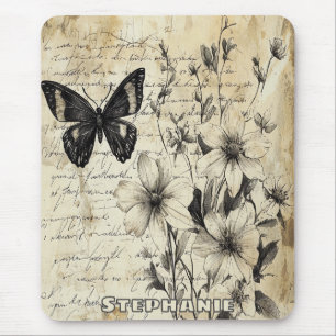 Ländliche Blumen und Schmetterling - gealtertes Pa Mousepad