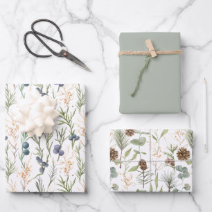Ländliche botanische Grünpflanzen, Beeren und Pini Geschenkpapier Set