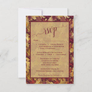 Ländliche Burgund- und Gold-Herbstblatt-Hochzeit RSVP Karte