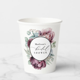 Ländliche Burgund- und Pflaumen-Blumen-Hochzeitsdu Pappbecher