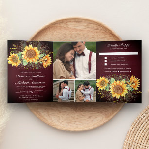 Ländliche Burgunderholz-Sonnenblumen-Foto-Hochzeit Dreifach Gefaltete Einladung