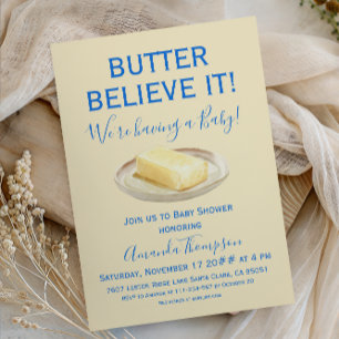 Ländliche Butter Gelb Blau Junge Babyparty Einladung