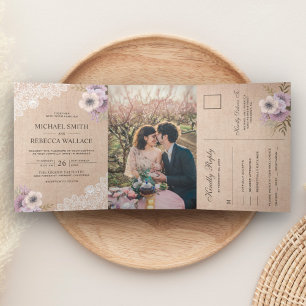 Ländliche Country-Jute-Spitze-Rosa-Floral-Hochzeit Dreifach Gefaltete Einladung