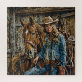 Ländliche Cowgirl in Jeans mit Pferd Westernscheun