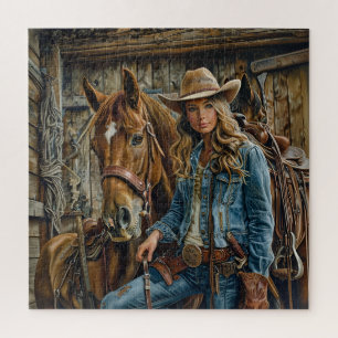Ländliche Cowgirl in Jeans mit Pferd Westernscheun