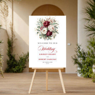 Ländliche Dunkelrote Blumen Grün Goldene Hochzeits Poster