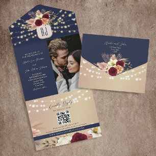 Ländliche Florale Burgunderrot Marineblau Hochzeit All In One Einladung