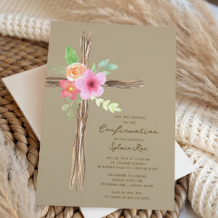 Ländliche Florale Kreuz Konfirmations-Einladung Einladung