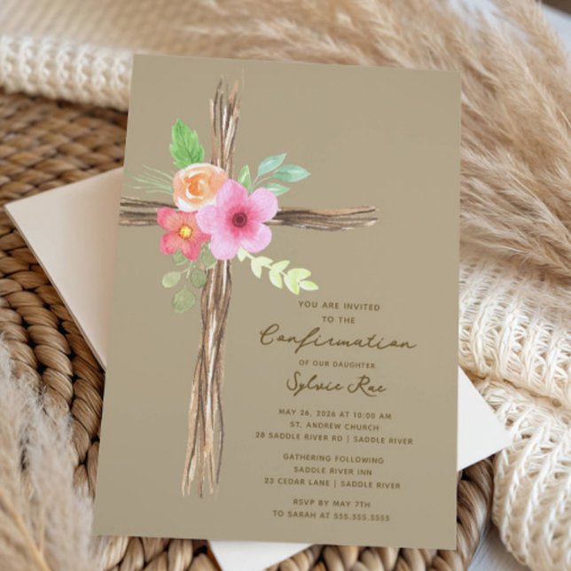 Ländliche Florale Kreuz Konfirmations-Einladung Einladung (Von Creator hochgeladen)