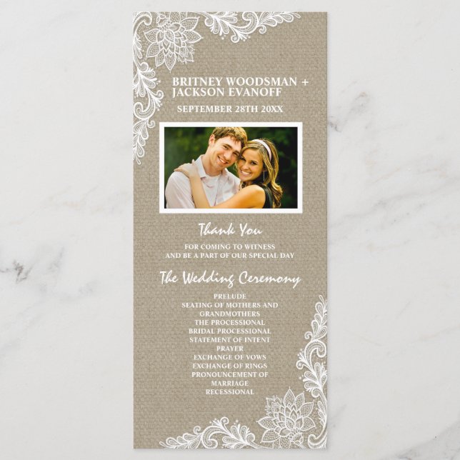 Ländliche Foto-Jute und Spitze Hochzeitsprogramme Programm (Vorderseite)