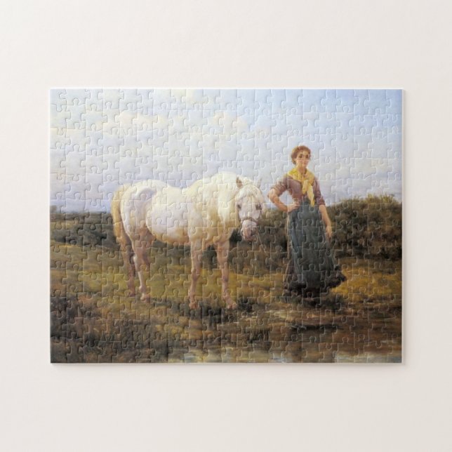 Ländliche Frau, die ein weißes Pferd zum Wasser ni (Horizontal)