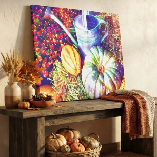 Ländliche Herbstkürbisse und Blumen Leinwanddruck