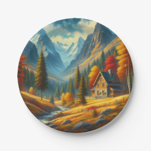 Ländliche, herbstliche Berghütte & Fluss Pappteller