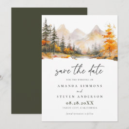 Ländliche Hochzeit im Herbst im Kiefernwald der Be Save The Date