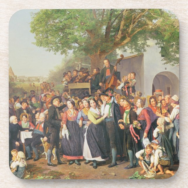 Ländliche Hochzeit in Niederösterreich (Öl auf Untersetzer (Vorderseite)