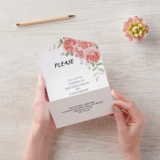 Ländliche Hochzeit mit rosa Blumen - Kompletteinla All In One Einladung