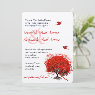 Ländliche Hochzeit Roter Wald Baum Liebesvögel Einladung