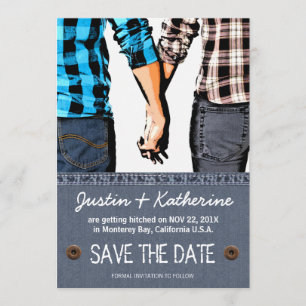 Ländliche Hochzeit Save The Date Paar hält Händche Einladung