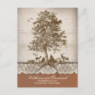 ländliche Hochzeitseinladung - Jute Spitzen Baum Ankündigungspostkarte