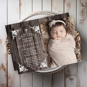 Ländliche Holz-Babymädchen-Foto-Taufe Einladung
