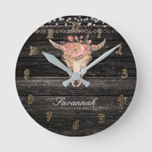 Ländliche Holz Blumen Kuh Schädel Hörner Blumen Bo Runde Wanduhr