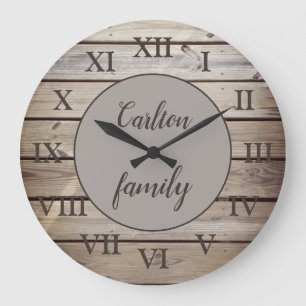 Ländliche Holz-Römische-Ziffern-Familienname-Zoll Große Wanduhr