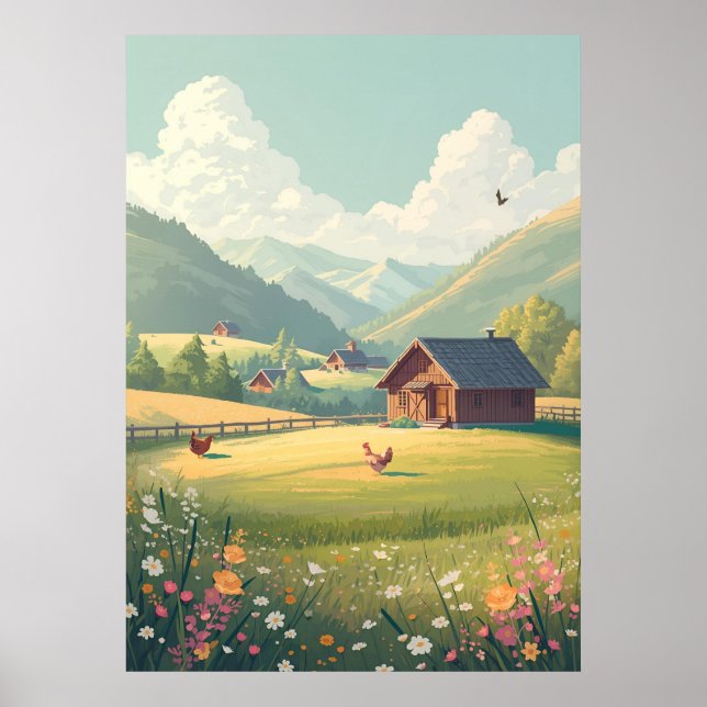 Ländliche Hütte mit Wildblumen  Poster (Vorne)
