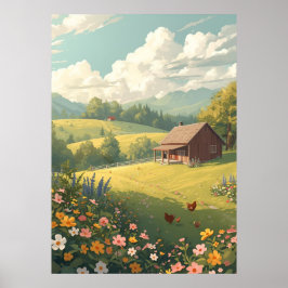 Ländliche Hütte mit Wildblumen Poster