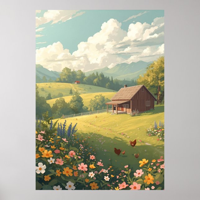 Ländliche Hütte mit Wildblumen Poster (Vorne)