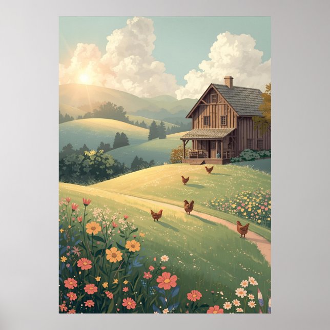 Ländliche Hütte mit Wildblumen  Poster (Vorne)