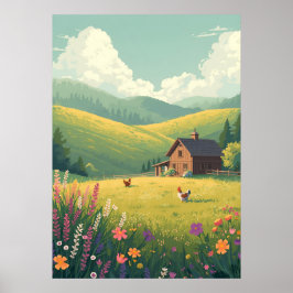 Ländliche Hütte mit Wildblumen Poster