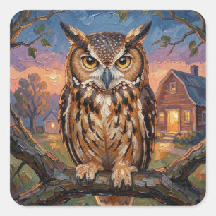 Ländliche Impasto-Uhu Quadratischer Aufkleber