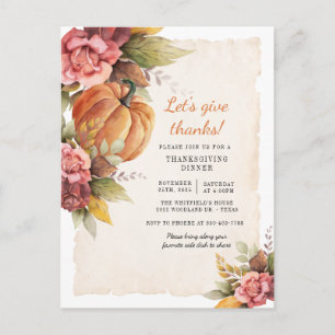 Ländliche Kürbis-Blumen-Einladung zum Thanksgiving Postkarte