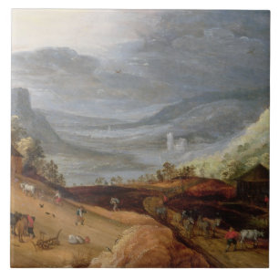 Ländliche Landschaft mit einem Bauern, der Pferde Fliese