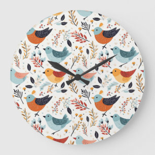 Ländliche Orange- und Blaue Vogeltgarten Große Wanduhr