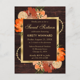 Ländliche Orangebraune Herbstblumen Sweet Sixteen Postkarte