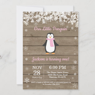 Ländliche Pinguin-Winter-Pink-Geburtstagseinladung Einladung