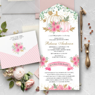 Ländliche Pink- und Gold-Blumen-Kürbis-Baby-Party All In One Einladung