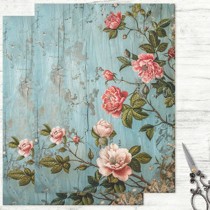 Ländliche rosa Blumen auf blauer Holzwand - Decoup Seidenpapier